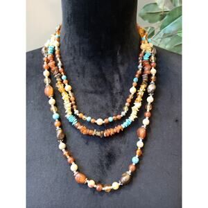 Women Multistrand Beaded Necklace Mixed Gemstones Turquoise Amber Look